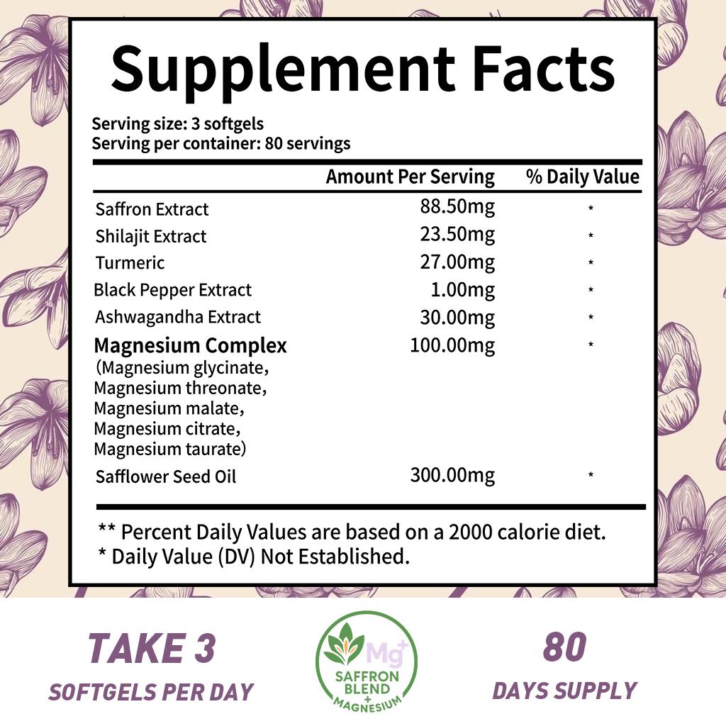 Volunge Saffron Supplement 88.5mg with 5 Types of Magnesium – Mood, Focus, Energy & Eye Health – Non-GMO, Vegan – 240 Softgels