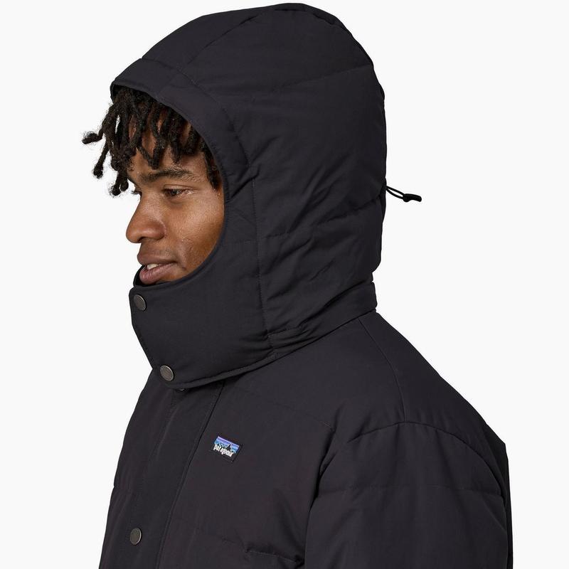 Patagonia Downdrift Jacket Men's - Black Hooded Puffer Coat with Adjustable Drawstring for Ultimate Warmth and Style NetPlus Recycled Nylon DWR Finish