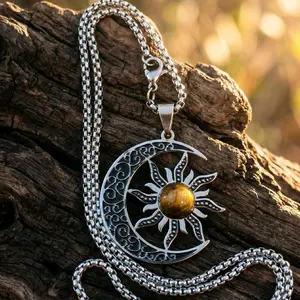 Tiger’s Eye Sun & Moon Necklace – Stainless Steel Celestial Pendant – 20” Chain – Protection Crystal Jewelry