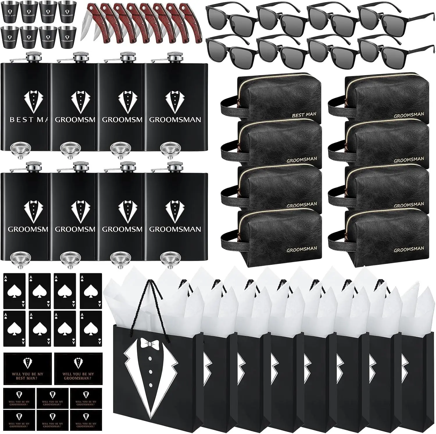 80Pcs Groomsmen Proposal Box Set, Wedding Gift Includes Flasks, Sunglasses, PU Leather Toiletry Bag, Bottle Opener for Groomsman (Black), Lightweight