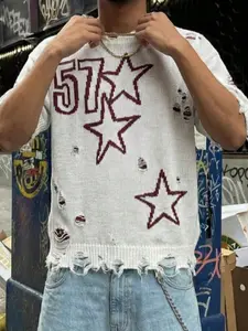 Men’s Spring/Summer Fashion New Arrival Casual Knit Pullover Short-Sleeve Top, Minimalist Korean Street Style, Versatile, Distressed Star & Number Design