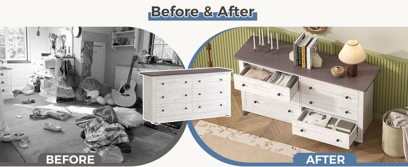 59in Wood Dresser 6 Drawer Storage Cabinet Vintage Dresser Chest of Drawers for Bedroom and Living Room