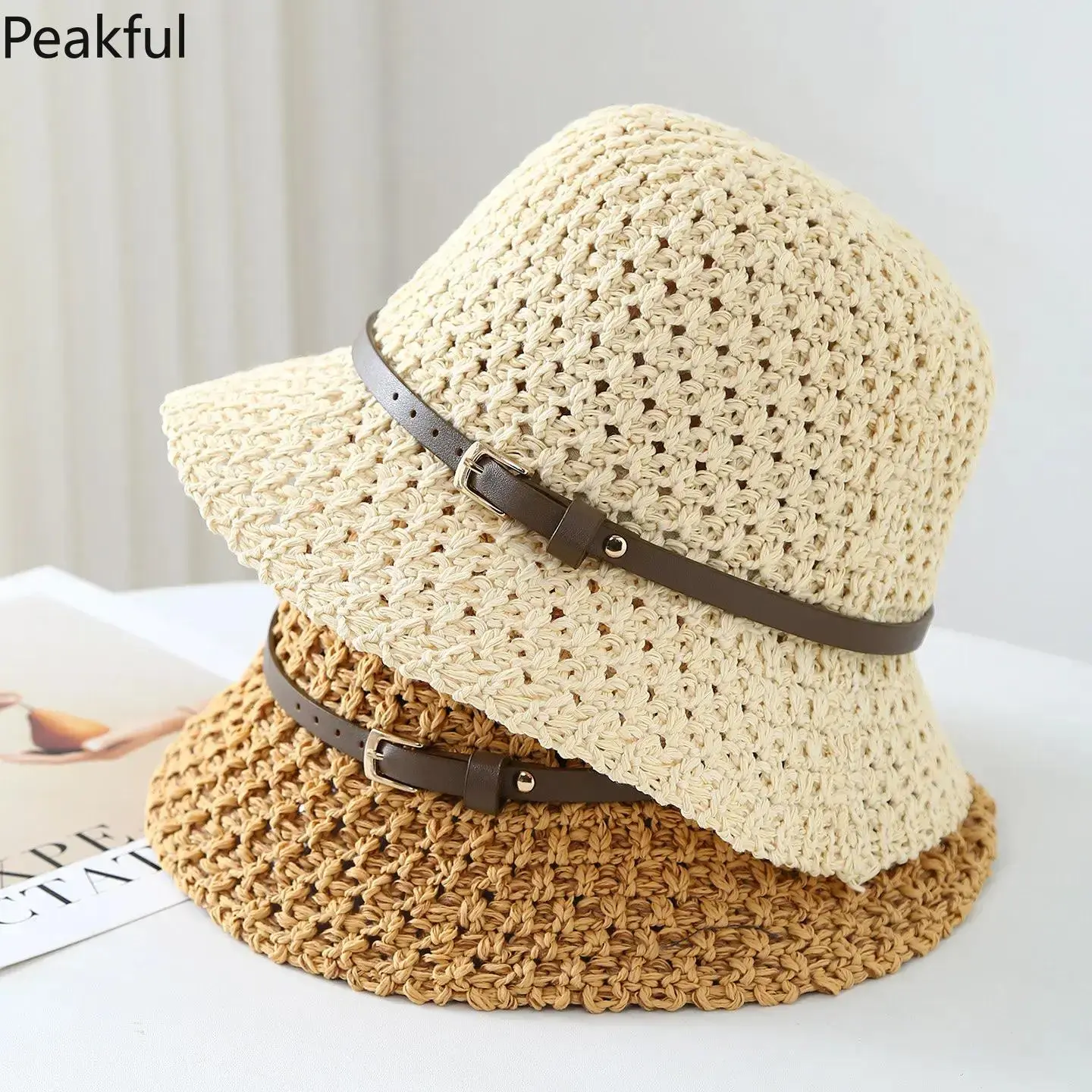 Wide Brim Handcrafted Crochet Fisherman Hat, Popular Hollow Breathable Women Summer Cap, Anti-UV Leather Trim Beach Head Accessory, portable lightweight build and exquisite woven craft, great for summer outing, coastal travel and everyday sun protection