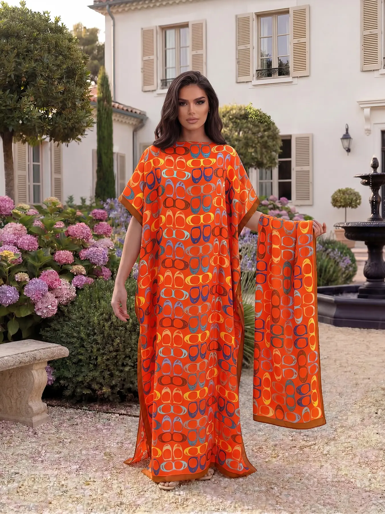 Women's Elegant Animal Print Robe Set, Matching Long Dress & Headscarf, Beach Cover-Up Sun Protection Satin Scarf, All Seasons Fashion, Womenswear