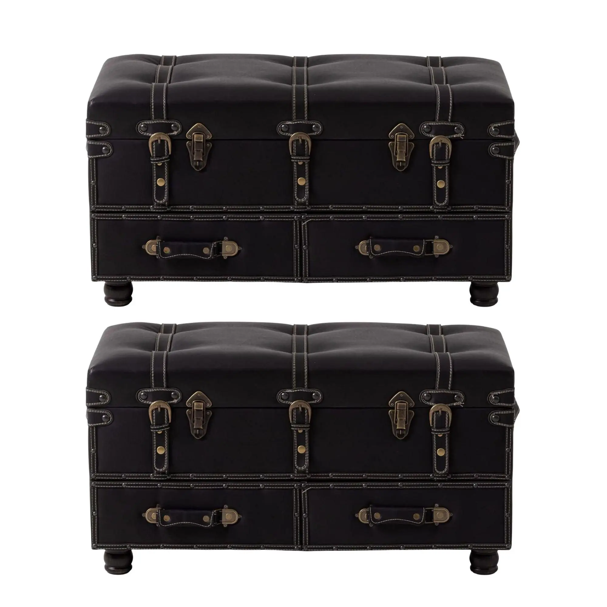 COZAYH Vintage Storage Bench, Upholstered Wooden Ottoman Chest, Black, Set of 2