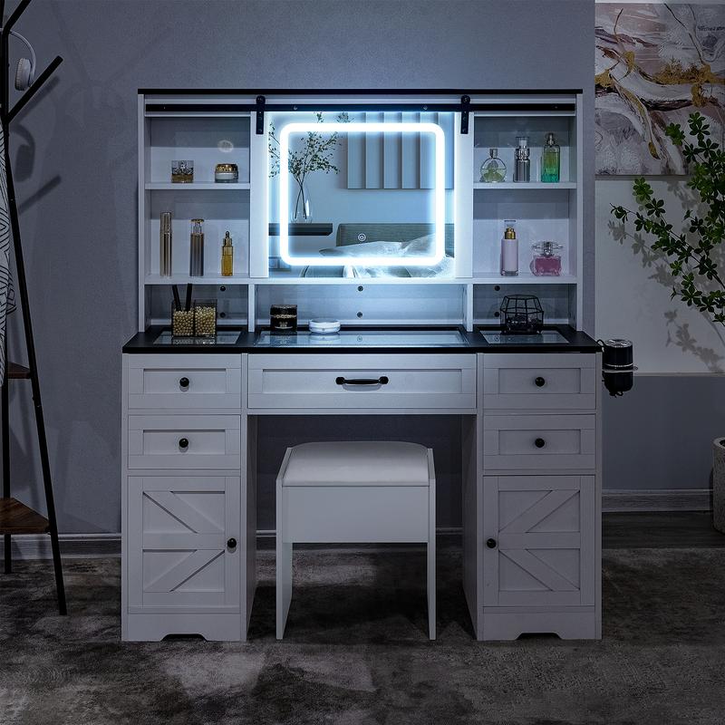 LED Vanity Table with Sliding Barn Door, Glass Top Makeup Desk with Outlet & Charging Station, 3-Color Lights, Multi-Drawer Organizer for Bedroom, Modern Adjustable Storage Dresser LED Vanity Table with Sliding Barn Door, Glass Top Makeup Desk with Outlet & Charging Station, 3-Color Lights, Multi-Drawer Organizer for Bedroom, Modern Adjustable Storage Dresser