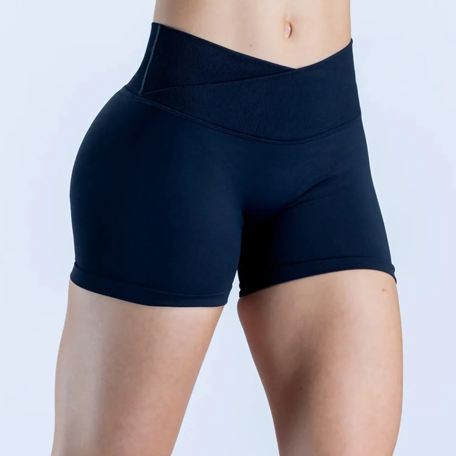 Women's Sporty Chic Ribbed Biker Shorts - Stretch Crossover V-High Waist, Butt-Lifting, Slim-Fitting Nylon Blend Workout Wear for Yoga, Gym
