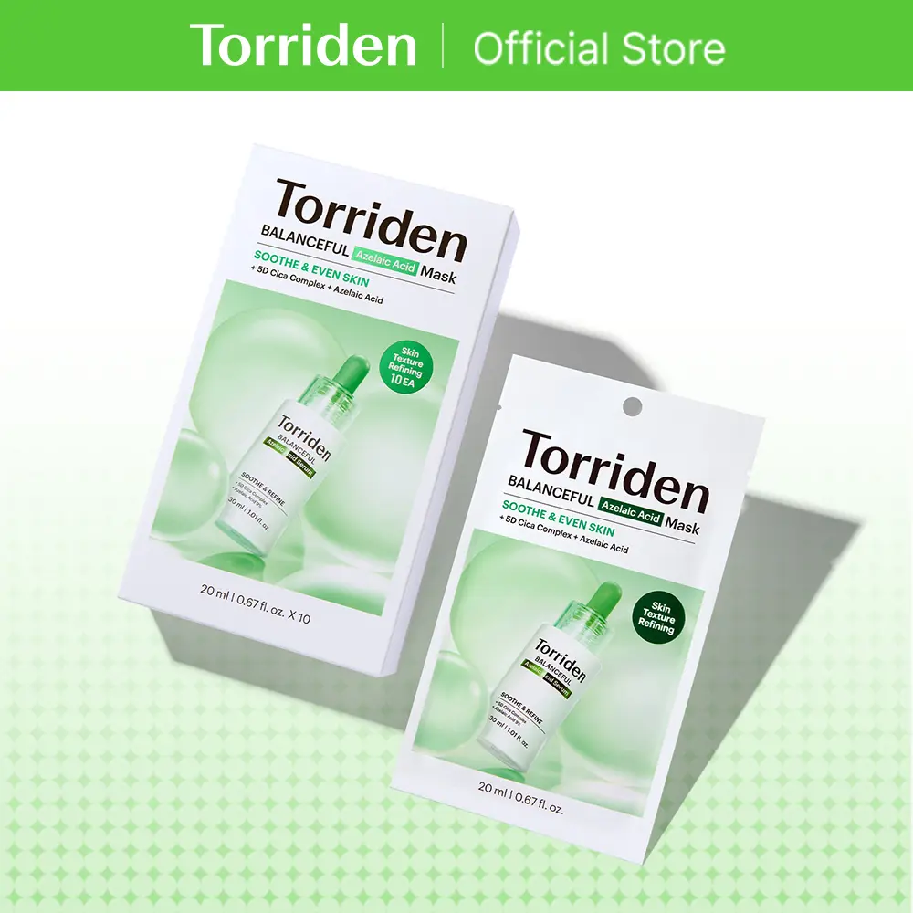 [Torriden Official] BALANCEFUL Azelaic Acid Mask (10 sheets) | Glutathione-Powered Calming Sheet Mask for Smooth & Even Skin, Texture Smoothing, Skin Clarity with Azelaic Acid, Glutathione, 5D Cica Complex