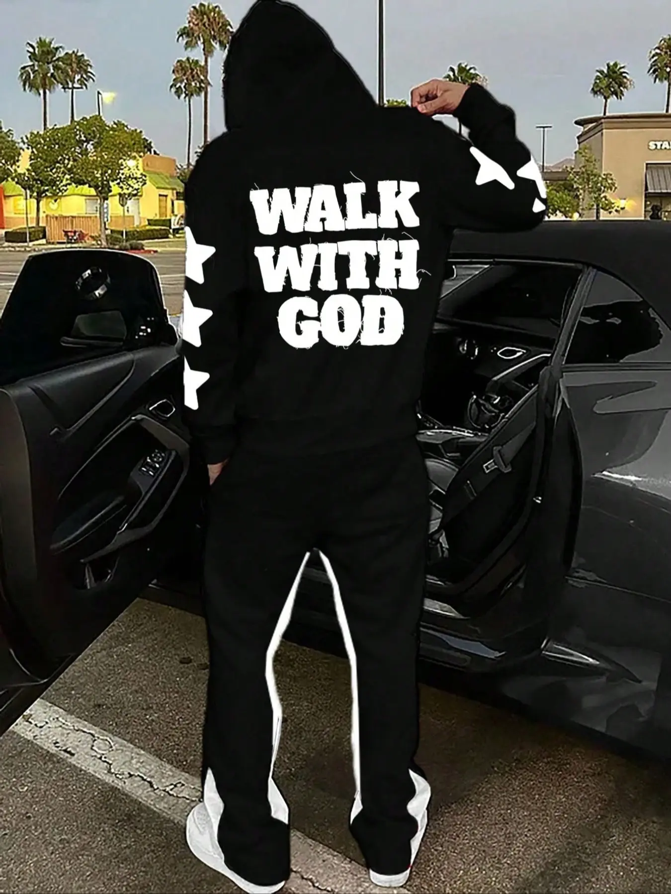 Men's Two-Piece Set Matching Hoodies Walk with God Slogan & Star Print Long Sleeve Hoodie, Elastic Waist Pants, Streetwear Casual Faith Y2K Style Fall Winter Clothes, Hooded Sweatshirt Set