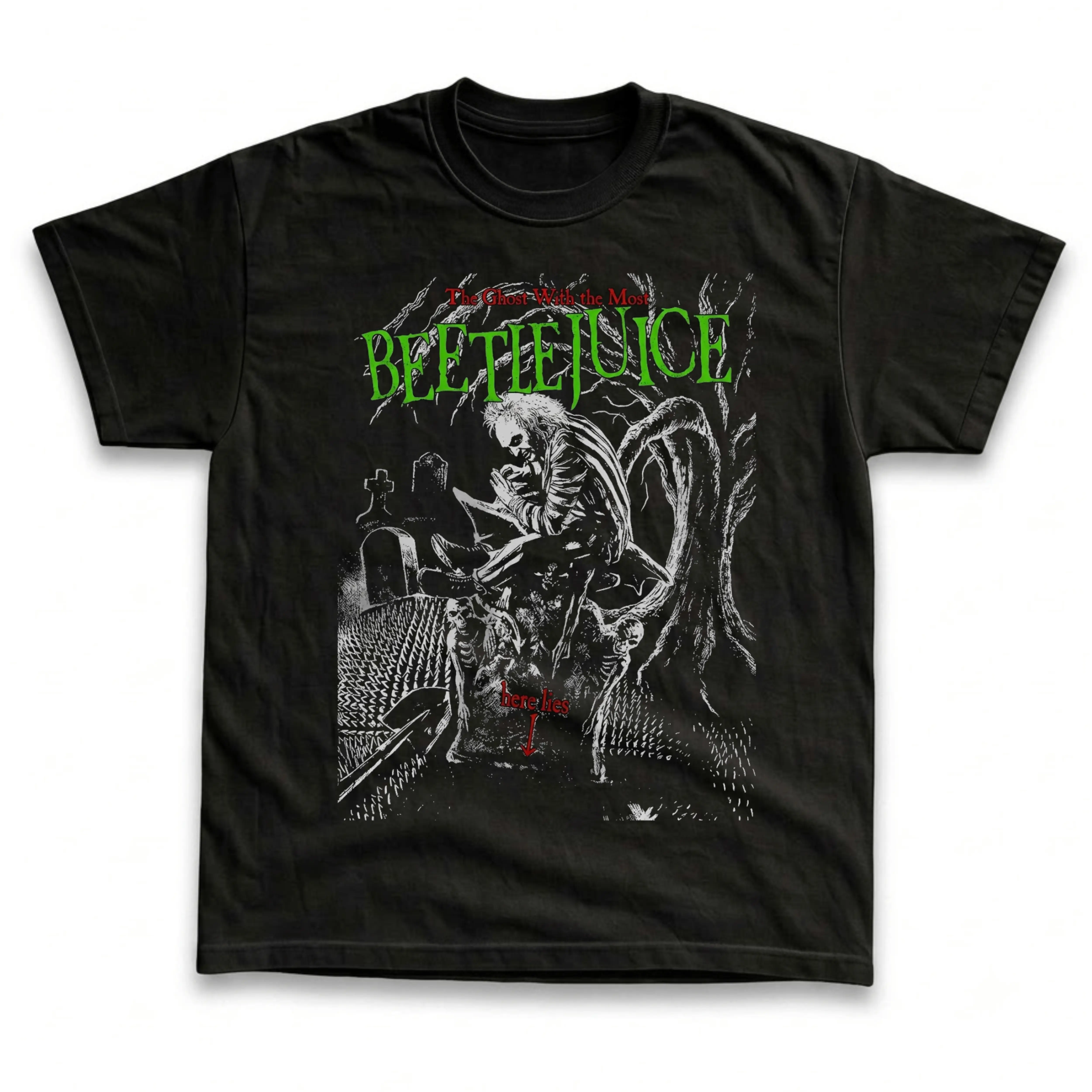 Gildan Men's and Women's T-Shirt, Vintage Beetlejuice Graphic Tee, Tim Burton Ghost With The Most Cemetery Horror Movie Shirt, Cult Classic Fan Gift, Gothic Aesthetic Retro Grunge Streetwear, Spooky Halloween Outfit