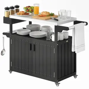 Outsunny Outdoor Bar Cart with Storage Cabinet, Stainless Steel Top Kitchen Island on Wheels, HDPE Outdoor Bar Table, Movable Patio Beverage Food Prep Table for BBQ Picnic