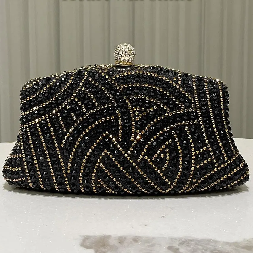 Women's Black Rhinestone Hard Shell Evening Clutch Bag - Jet Crystals & Beaded Geometric Fan Pattern, Jeweled Ball Top Clasp, Detachable Chain Strap Crossbody Purse, Vintage Classic Style for Bridal Formal Events