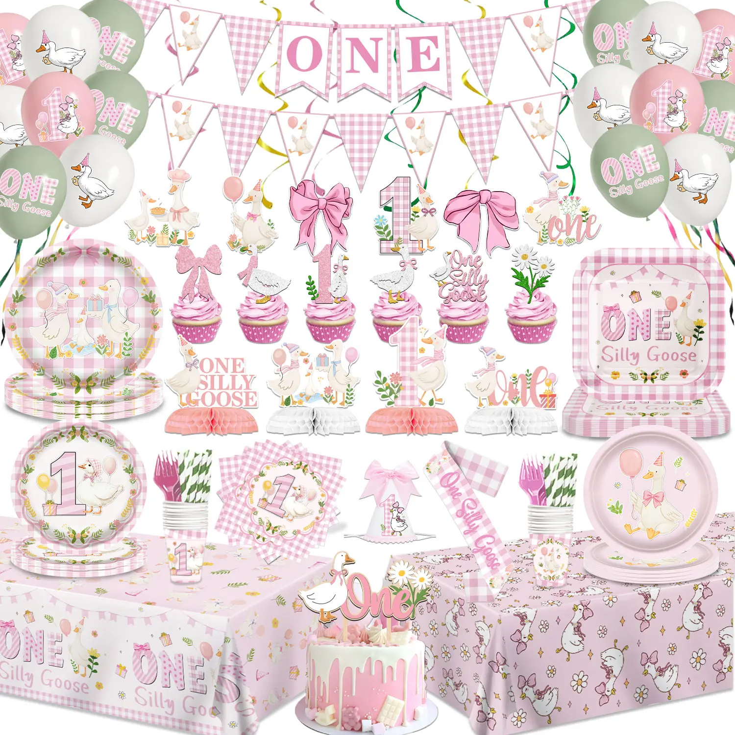 One Silly Goose Birthday Decor Girl Pink Goose 1st Themed Party Supplies with Girl Bow 1st Hat Banner Plates Napkins Tablecloths Sash Hanging Swirls Balloons for First Birthday Supplies for Girls