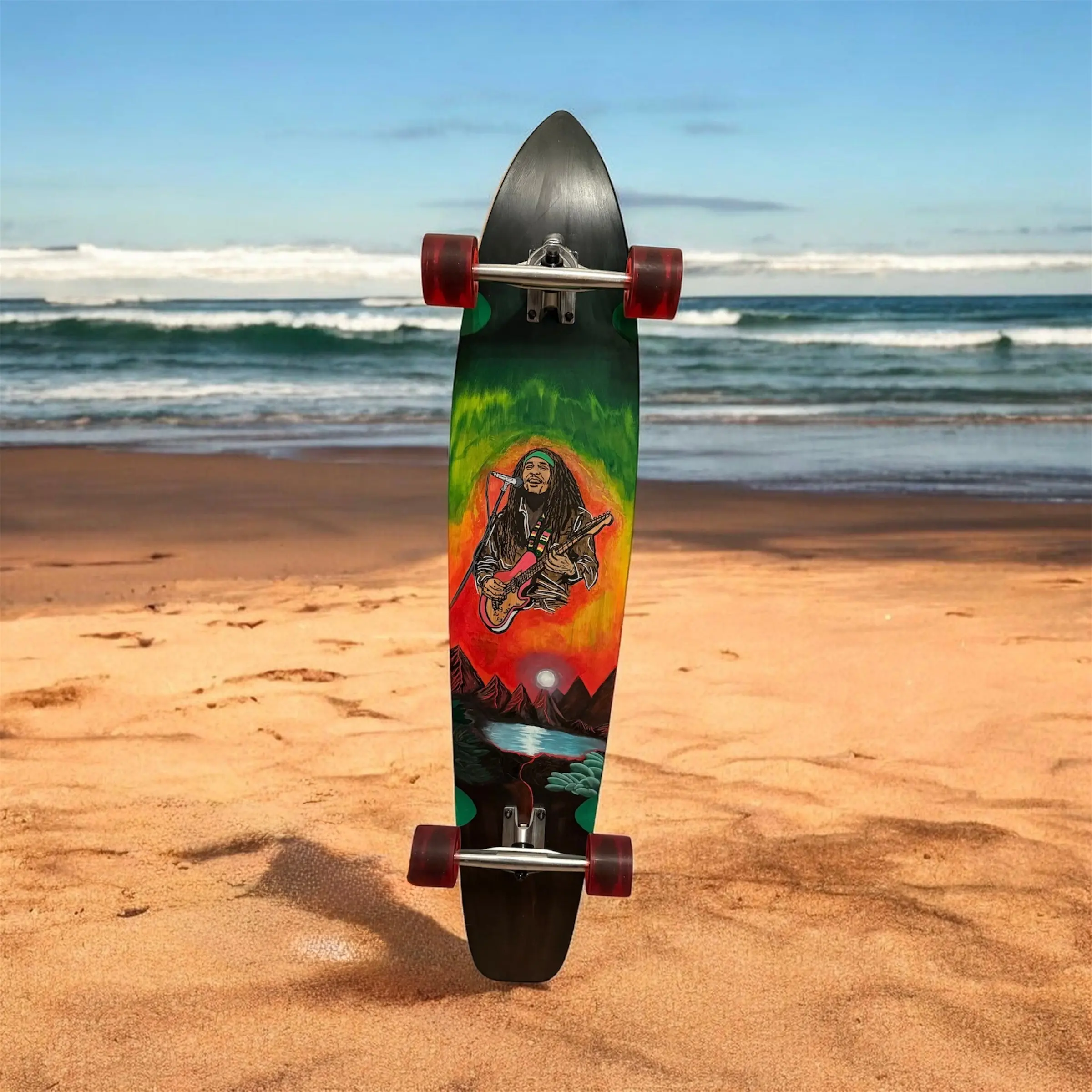 Mad Lab 44-in Custom Art Wooden Pintail Longboard - Reggae Inspired Original Mad Lab Artwork Hand-Painted Acrylic Deck, Urban Ready Complete Cruiser with 70mm 78a Cruiser Wheels for Beach Rides, City Cruising