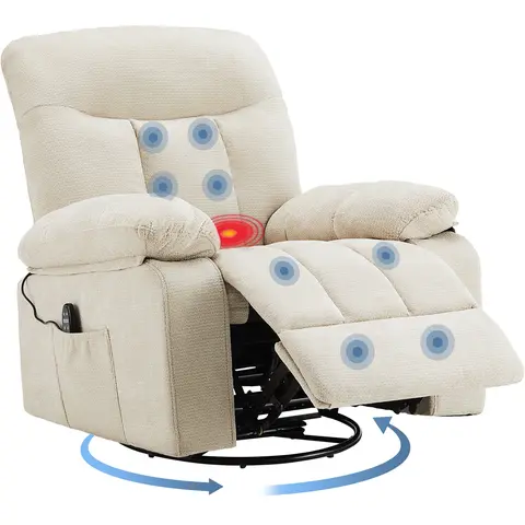 Sweetcrispy Rocker Recliner Chair, Swivel Recliner with Vibration Massage & Lumbar Heating, 270° Rotating Chenille Fabric Recliner with footrest for Living Room & Bedroom