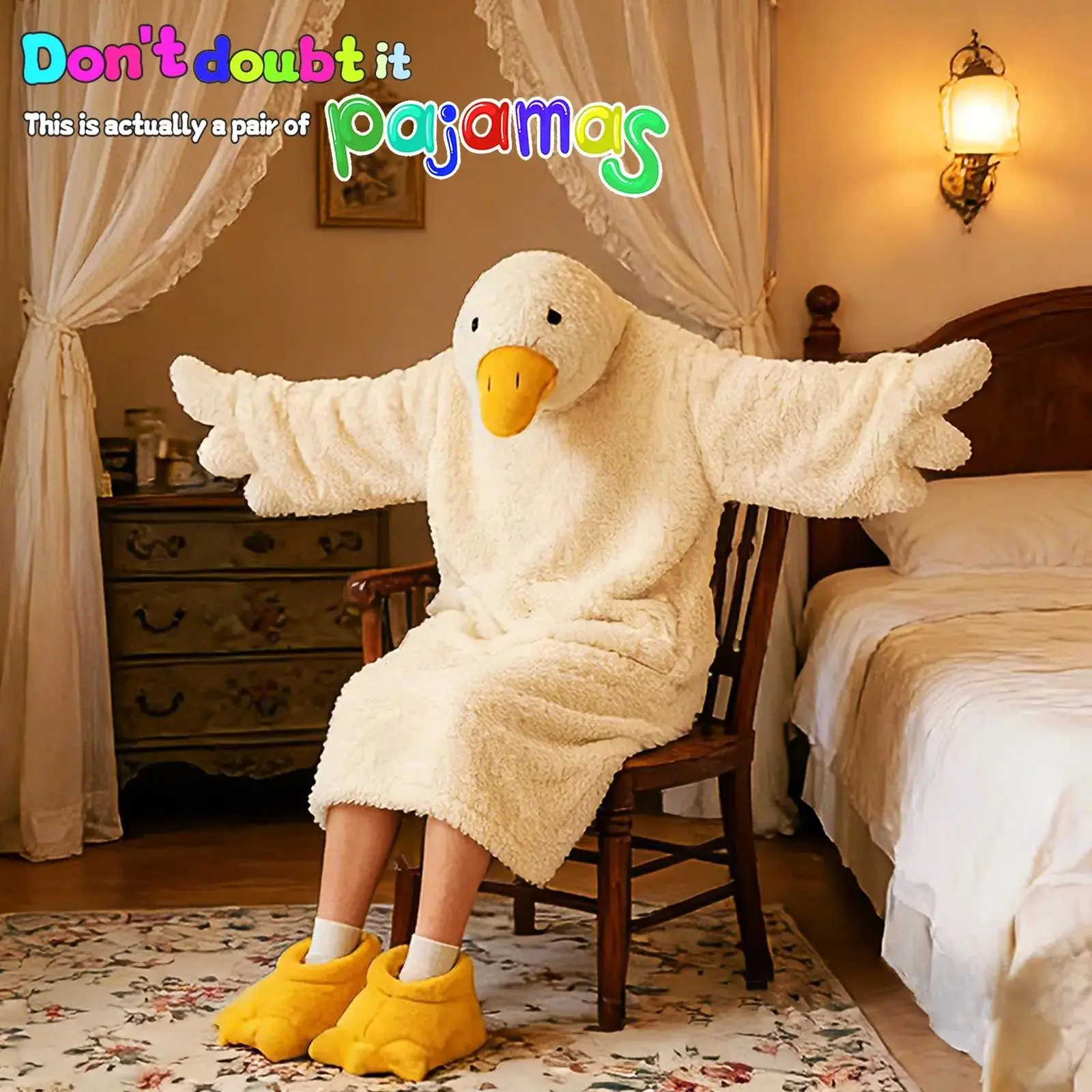 Women's Soft Funny Duck Plush Fleece Onesie Pajamas - Cozy Hooded Party Costume for Ladies, Couples, Friends with Matching Duck Foot Slippers, Long-Sleeve Nightwear Home Essential