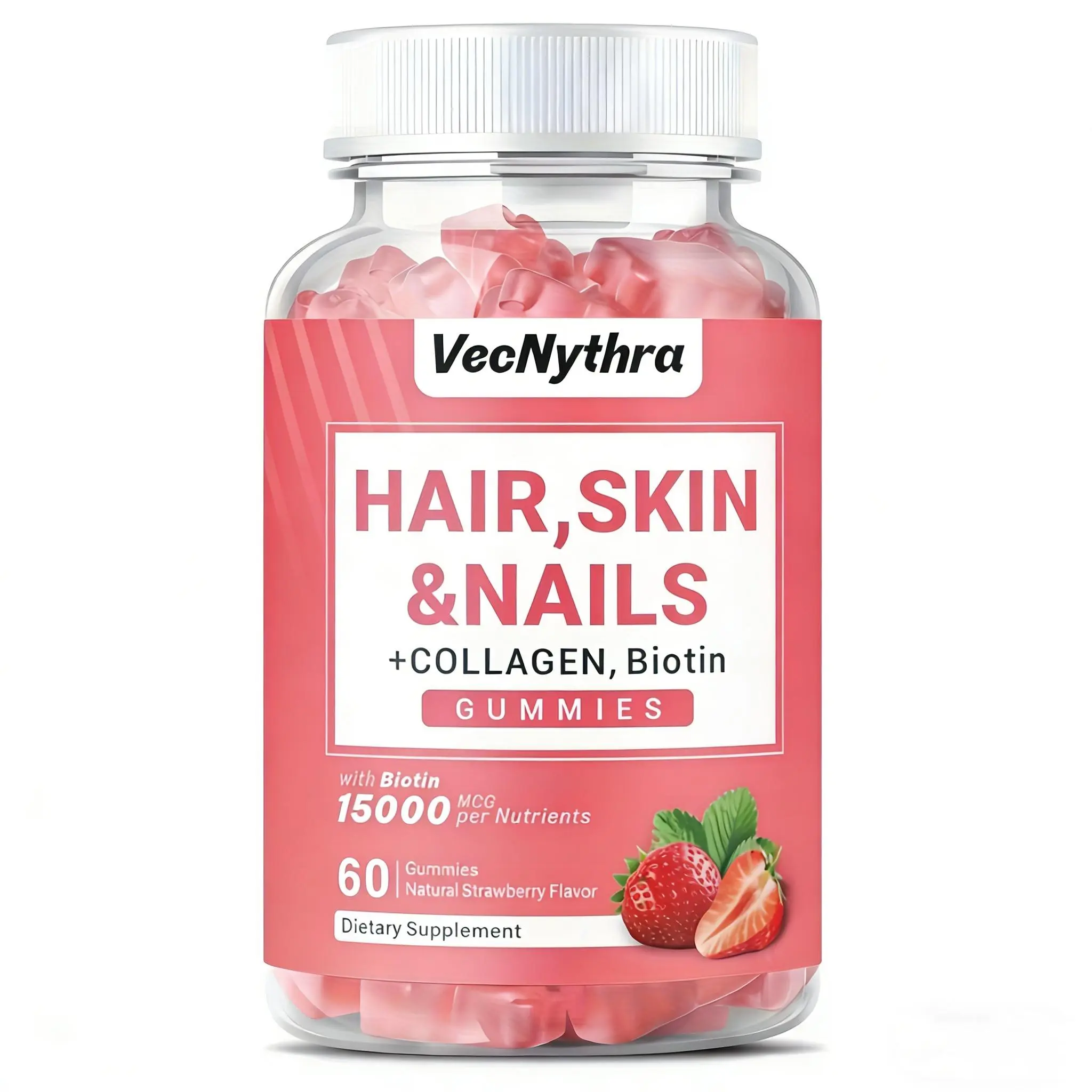 VecNythra Natural Edible Hair, Skin & Nails Supplement Gummies - Beauty Products with Biotin & Collagen, Strawberry Flavor Support, 60 Pieces, Skin Care