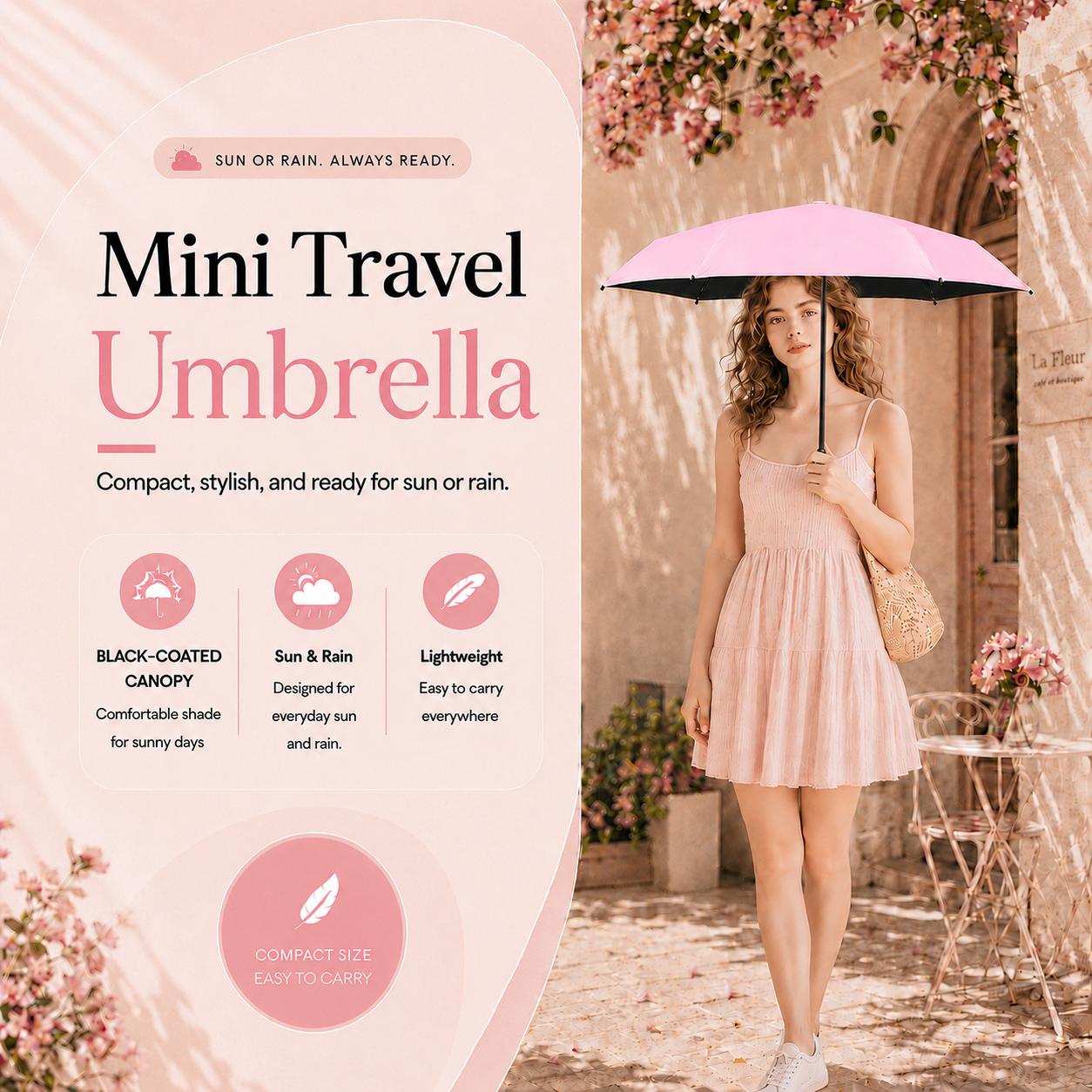 Mini Folding Pocket Umbrella, UPF50+ Sun Protection, Water-Repellent Compact Travel Umbrella with Blackout Inner Coating, Lightweight Portable Design for Purse, Mini Bag, Backpack, Car, Beach, Daily Commute, Summer Trips, Outdoor Use, Women, Men and Teens