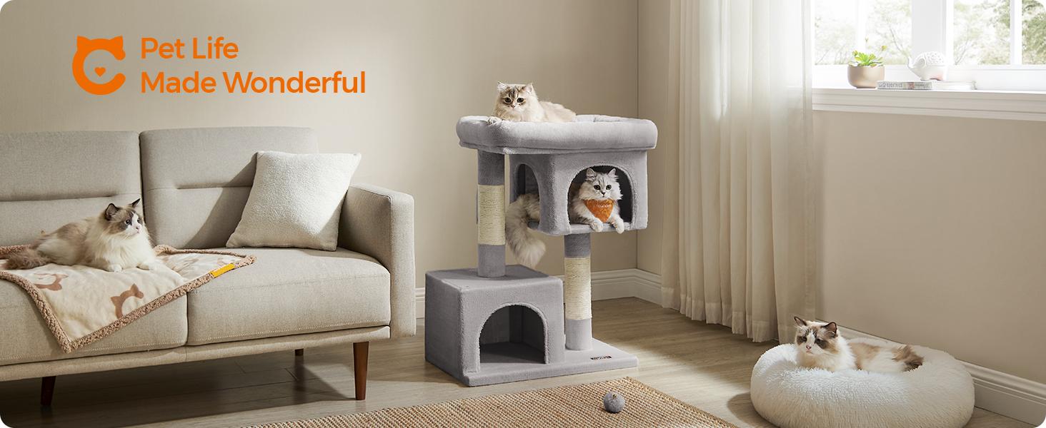 Feandrea Cat Tree, 33.1-Inch Cat Tower, L, Condo for Large Cats up to 16 lb,2 Cat Caves, Scratching Post