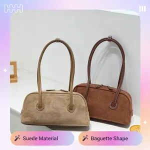 2025 Autumn Suede Baguette Bag Simple Bowling Underarm Bag Women's Fashion Versatile Shoulder Bag Boston Handbag in Brown & Beige winter