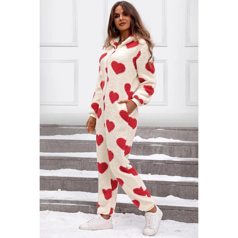 Fuzzy Heart Zip Up Hooded Lounge Jumpsuit