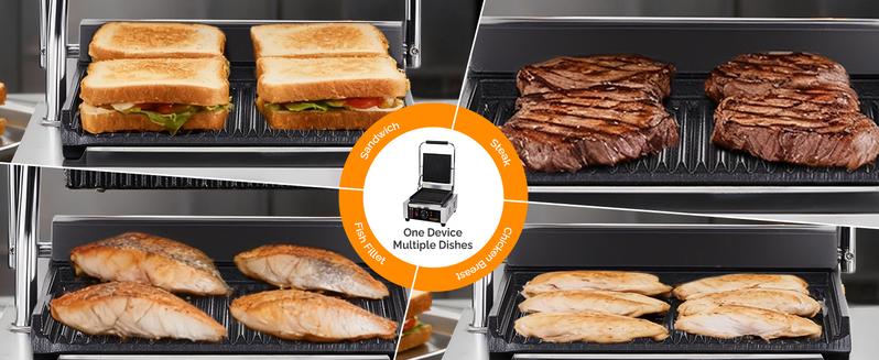 ROVSUN Commercial Panini Press Grill, Stainless Steel Electric Countertop Sandwich Maker with Adjustable Temp 122°F–572°F, For Steak, Burgers, Home & Restaurant Use, 110V, Silver