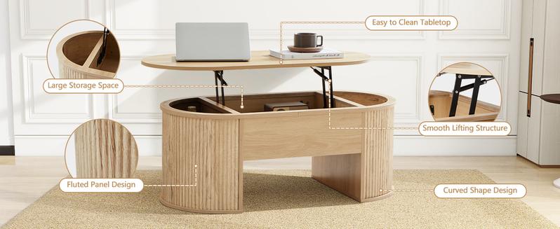 Giratree Fluted Coffee Table with Lifting Top, Oval Wood Lift Top Coffee Table with Hidden Compartment, Mid Century Pull up Center Tables for Living Room, Office