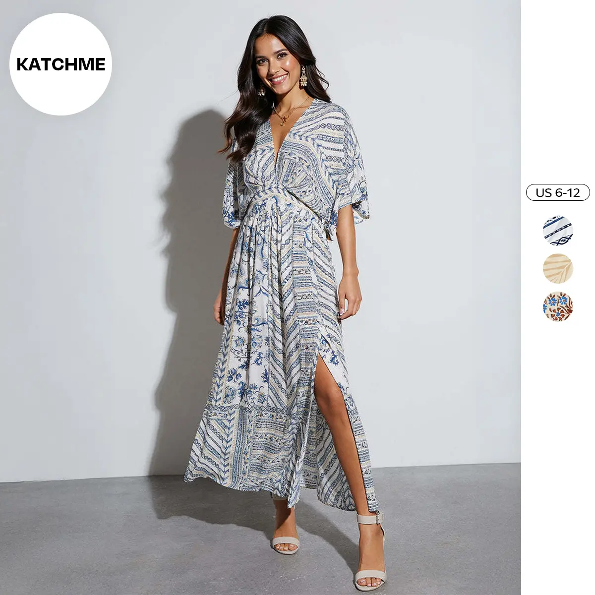 KatchMe Women's Classy Allover Print Batwing Sleeve Side Slit Maxi Dress, Summer & Spring Short Sleeve Dresses, Soft Going Out Dress, Comfy Womenswear