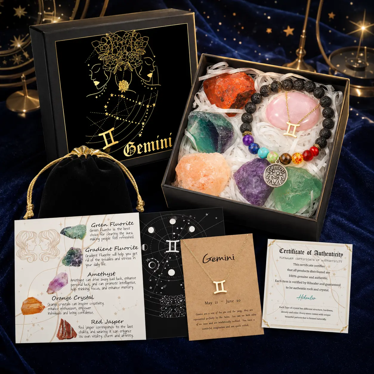 Zodiac Gifts for Women, Astrology Crystal Gift Box for Her, 12 Sign Birthstone Crystal Set with Zodiac Necklace, Lava Stone Bracelet, Zodiac Cards & Velvet Pouch, Unique Birthday Gifts for Best Friend Sister Girlfriend