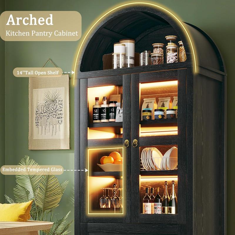 71" Tall Arched Kitchen Pantry, Pantry Cabinet, Kitchen Storage Cabinets with 2 Large Drawers & Adjustable Shelves & Glass Door for Living Room, Dining Room, Black
