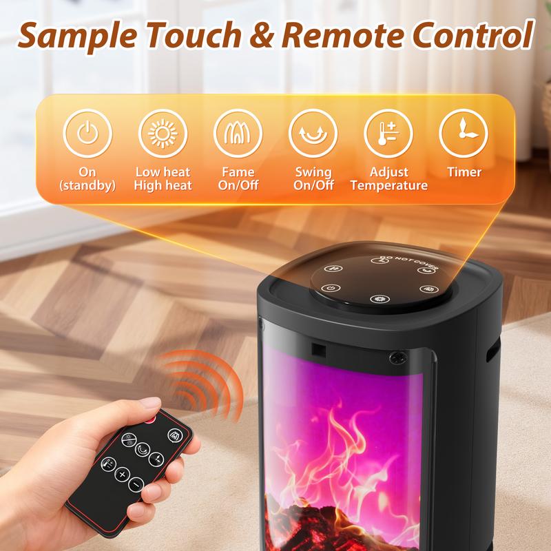 Portable Tower Electric Indoor Fireplace Heater with 3D Realistic Flame, 70° Oscillation for Bedroom, Living Room, Homeowners & Office Workers