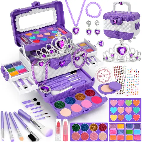 56 Pcs Children's Cosmetics Set, non-toxic, washable cosmetic toy set, suitable for girls, princess role-play toys, beauty role-play toys, the perfect gift for birthday parties, holiday celebrations, and Christmas, suitable for girls ages 3–12.