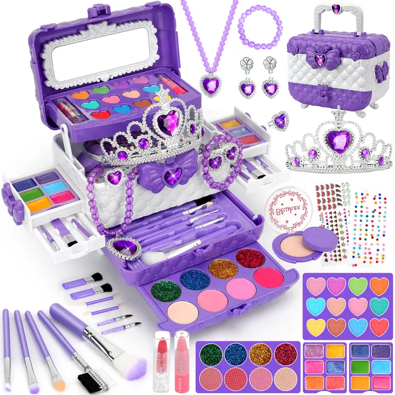 56 Pcs Children's Cosmetics Set, non-toxic, washable cosmetic toy set, suitable for girls, princess role-play toys, beauty role-play toys, the perfect gift for birthday parties, holiday celebrations, and Christmas, suitable for girls ages 3–12.