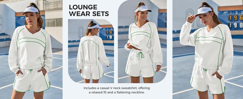 Fisoew Womens Sweatsuits 2 Piece Outfits V Neck Workout Set Fleece Sweatshirts Contrast High Waisted Shorts Casual Tracksuits Lounge Sets