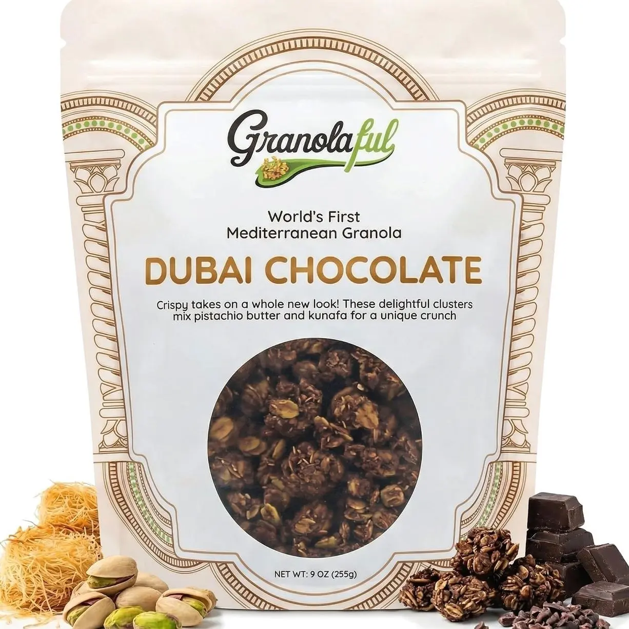 Granolaful Dubai Chocolate Granola Cereal — 100% Pistachio Butter, Kataifi, Cacao, Protein, Fiber for Healthy Snacks | 7 Ingredients with No Seed Oils, No Natural Flavors | 9oz Bag (1-Pack)