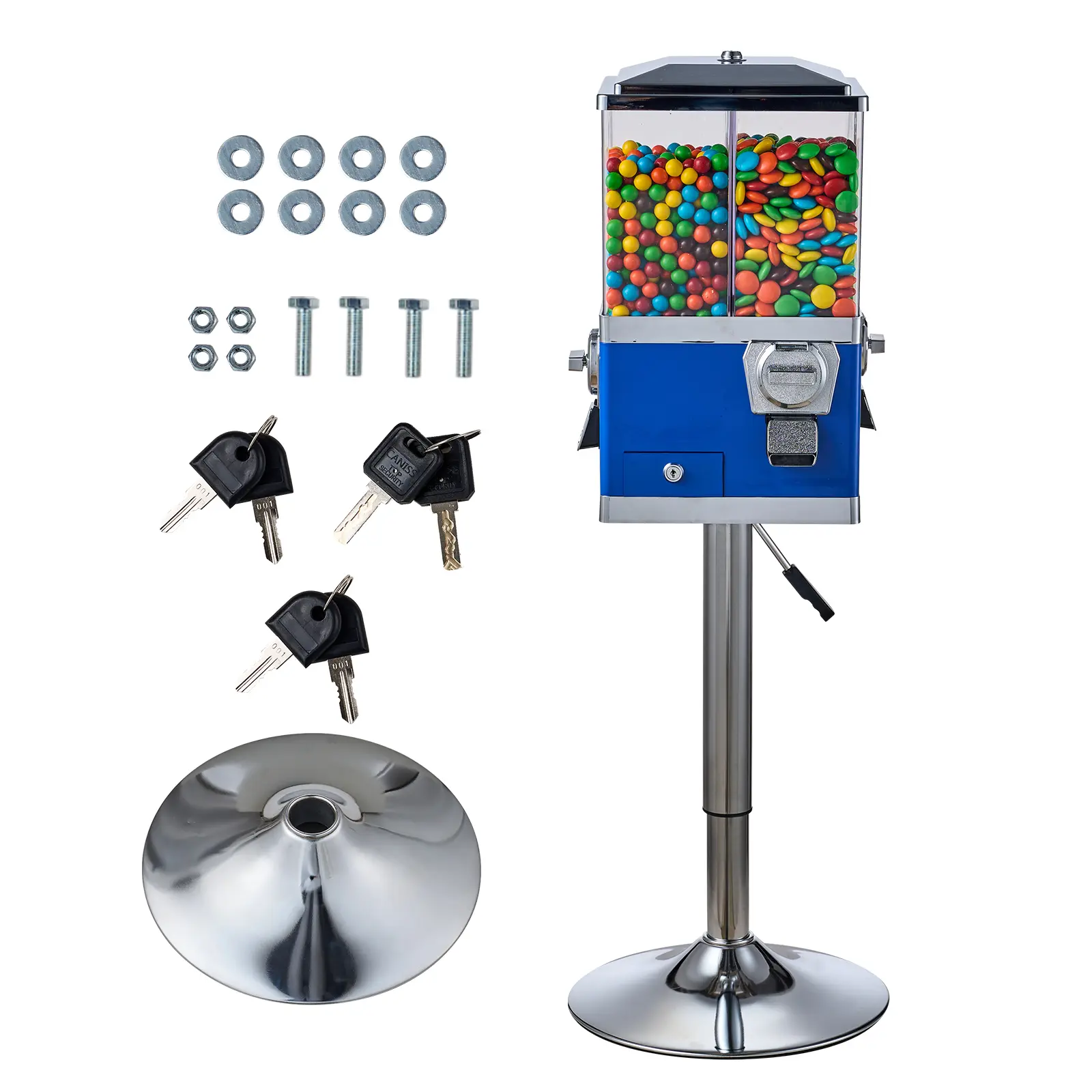 VEVOR Commercial Vending Machine,  Four Compartment Rotatable Gumball and Candy Dispenser, Adjustable Height Coin Operated Candy Bank with Iron Stand, for Business Toy Capsules Bouncy Balls Nut, Blue