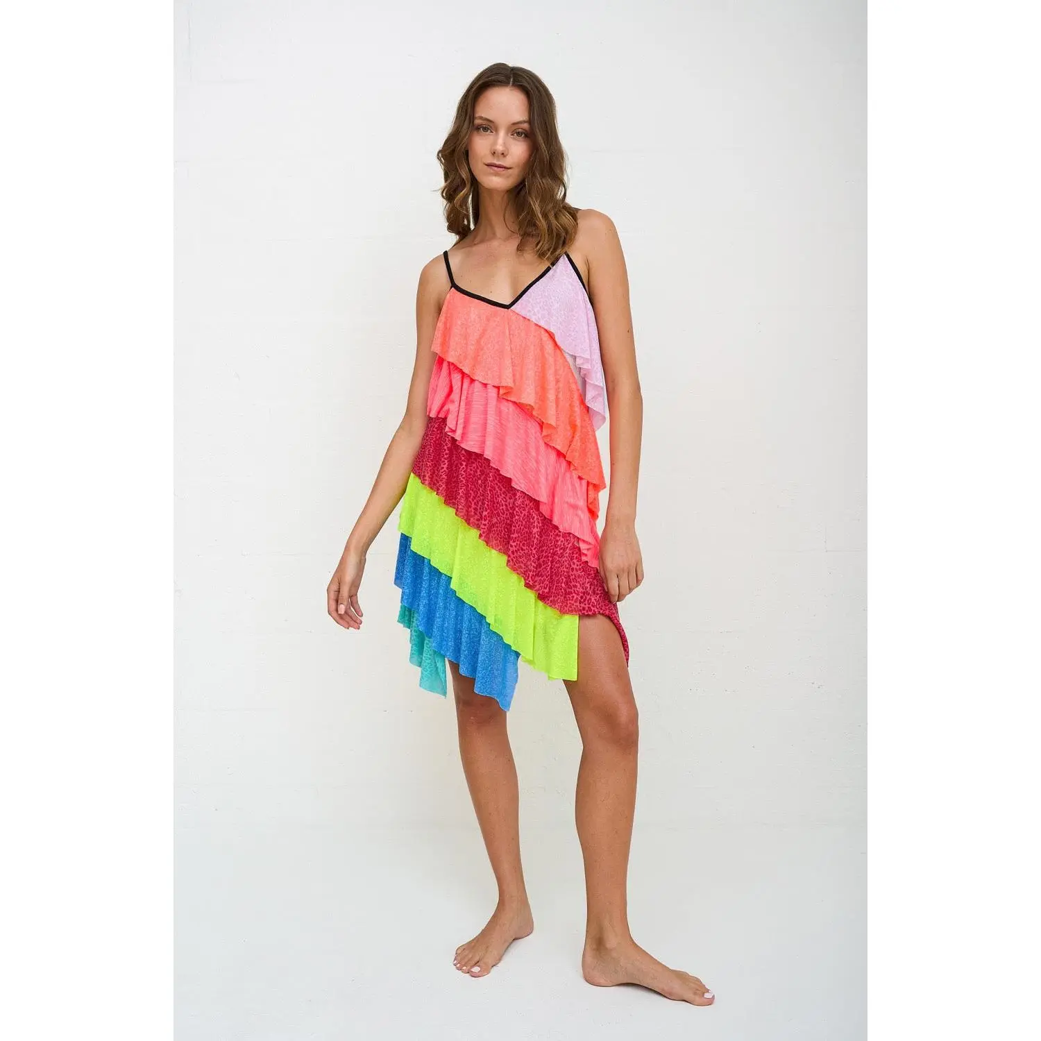 Asymmetrical Mini Dress for Women, Casual 1-Shoulder Style with Vibrant Rainbow Diagonal Stripes and a Playful Hemline, Sleeveless, Above Knee