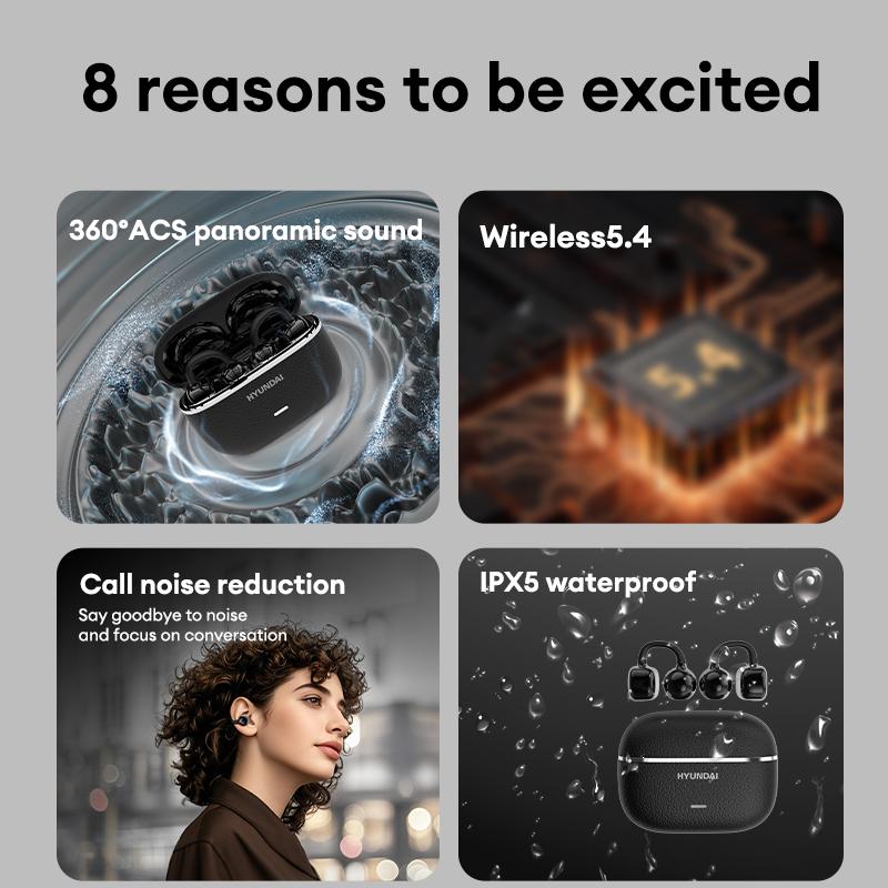 HYUNDAI C03 Clip-On Wireless Headphones with 2025 Bluetooth 6.0 for Faster, Stable Connection & Low Power Use, DT6.0 Pulse Directional Tech, 360° ACS Panoramic Sound, IPX5 Waterproof Electronic Headset Earbuds for Music & Calls, Comfortable for Sports