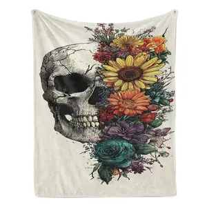 Skull & Wildflower Bouquet Flannel Blanket Edgy Floral Throw with Skull & Vibrant Sunflower Art – Ultra-Soft, Cozy, Perfect for Gothic Decor, Tattoo Lovers, Bedroom Aesthetic and Unique Gifting, Ideal for Year-Round Snuggling.