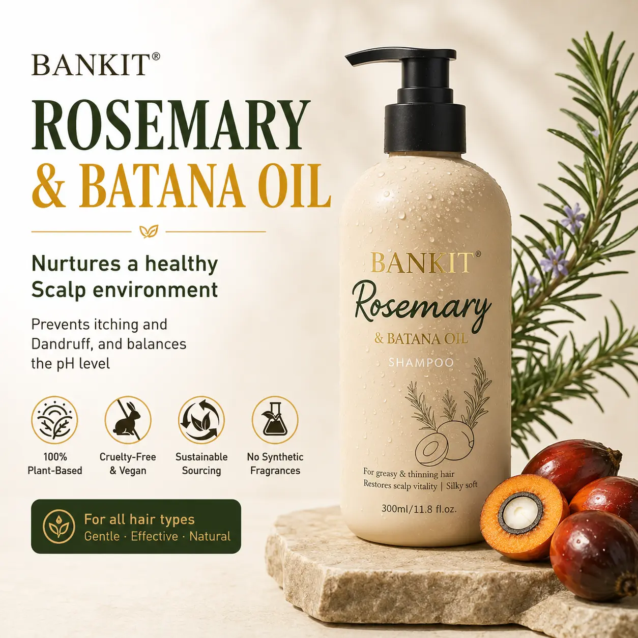 BANKIT Rosemary & Batana Oil Hair Growth Cleanser - Reduces Oily Scalp & Dandruff, Soothes Irritation, Promotes Smooth Shiny Hair, Haircare, Cleansing, Scalp Care, Hair Growth Booster