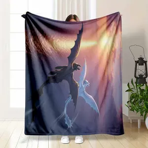 How to Train Your Dragon Toothless and Light Fury Flannel Blanket Night and Light Dragon Flying in the Sunset Sky Art Print Soft Warm Cozy Lightweight Throw Ideal for Sofa Bedroom Office Travel Gift Decor Use