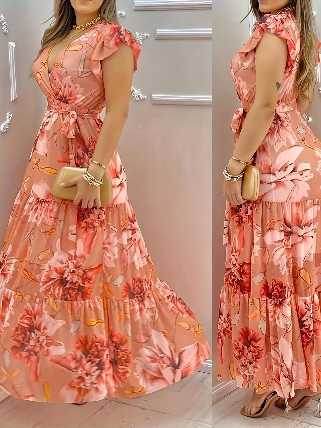 New Women's V Neck Floral Print Chiffon Breathable Maxi Dress with Adjustable Waist Belt, Slim-Fitting Summer Dress for Club Parties and Special Occasions, Elegant Formal Dress, Cocktail Party Gown, Womenswear, Chiffon Prom Dress