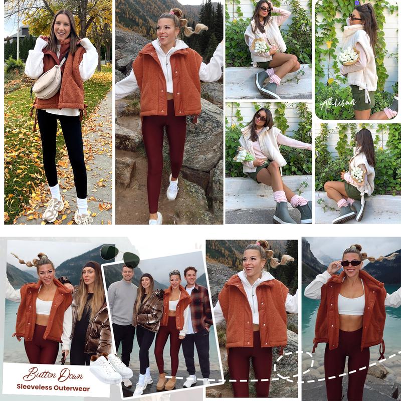 Buenoble Women's Oversized Fleece Vest Cozy Sherpa Sleeveless Jacket with High Neck Side Ties Snap Buttons Fall Winter Casual Outerwear