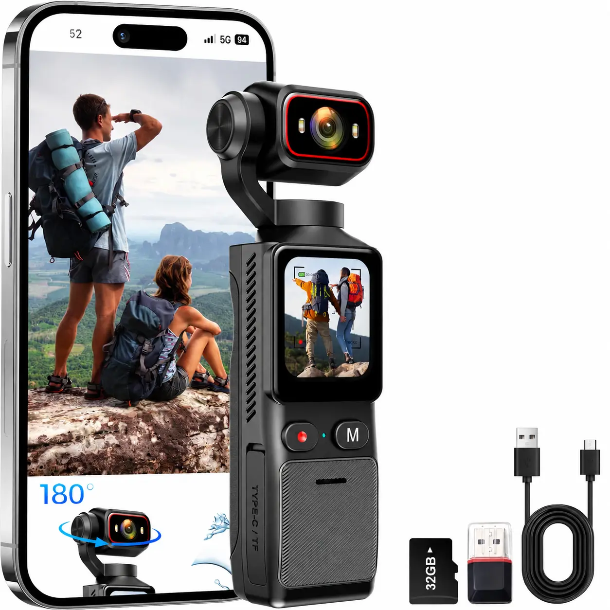 【DealsForYou】【FathersDayGift】2K Pocket Vlog Camera with 180° Swivel 150° Ultra Wide Angle Lens, 1.96-inch HD Display, WiFi & App Control, 6H Working Time, 2000mAh Battery, Image Stabilization, Loop Recording, Compact Camera for Travel Content Creation