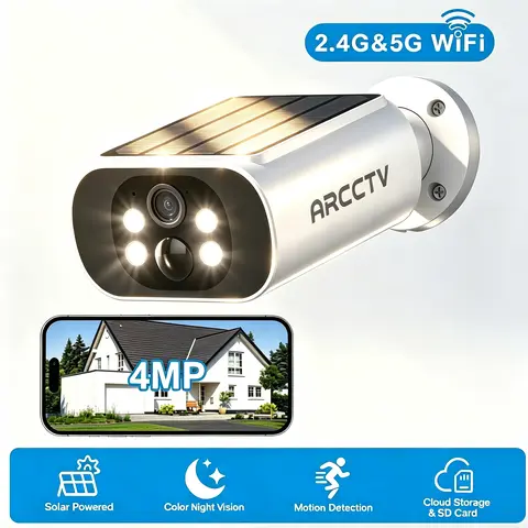 ARCCTV APP Solar Security Camera Outdoor Wireless,2.4G/5G Dual Band WiFi,4MP Battery Home Surveillance Camera,2 Way Audio,PIR Motion Detection,IP65 Waterproof