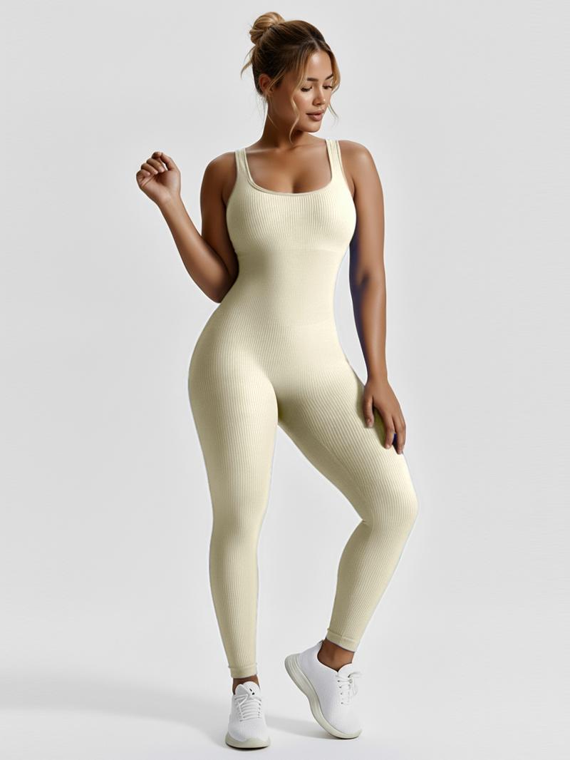 Women's Seamless Ribbed Knit High-Stretch Tummy Control Butt Lifting Yoga Bodysuit Square Neck Sleeveless Plain Solid Color Long Length Minimalist Elegant All Seasons Athletic Style Workout Gym Clothing