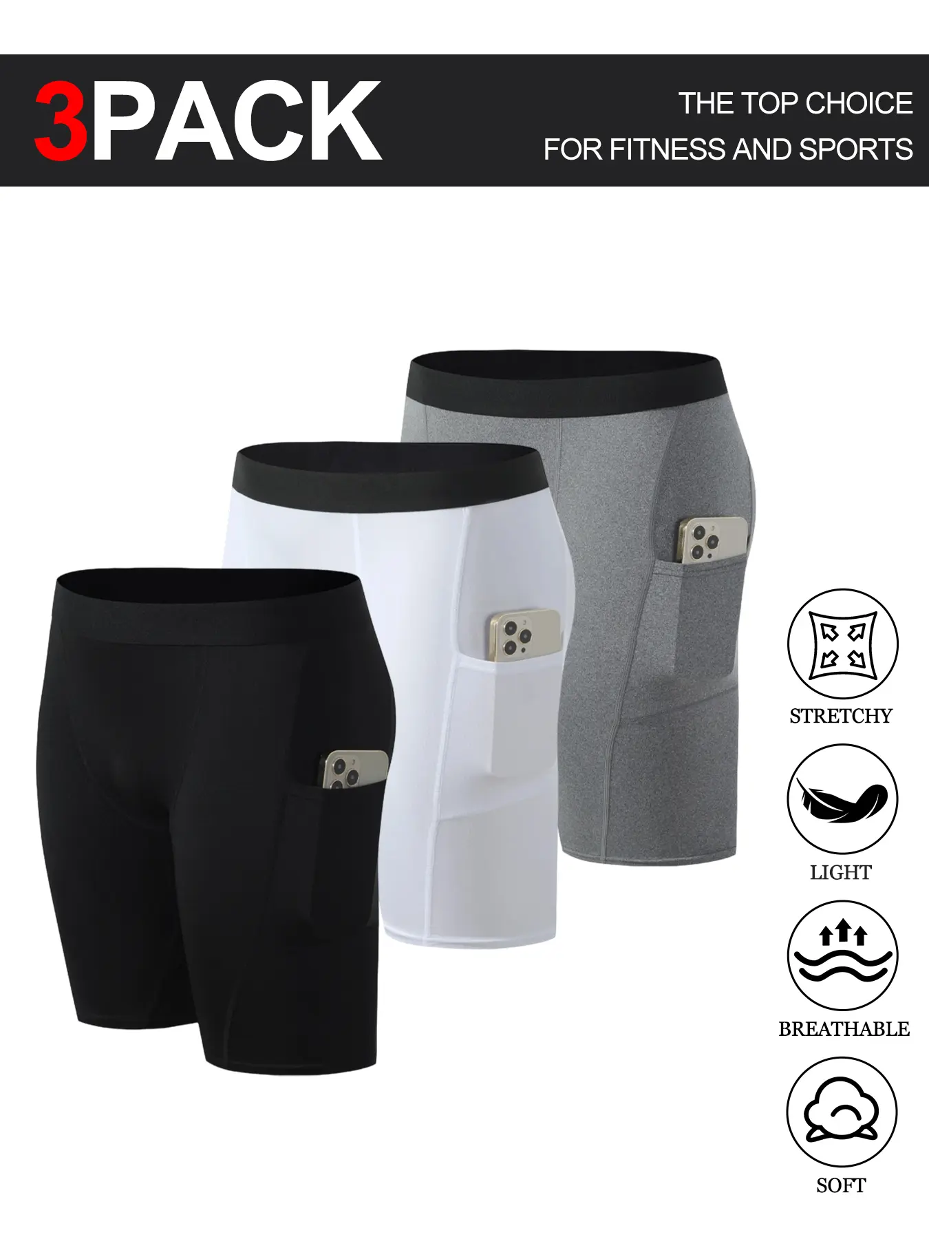 Men's 3 Pack Compression Shorts with Side Phone Pockets, Quick Dry Breathable Stretch Athletic Workout Underwear for Running Gym Cycling Training