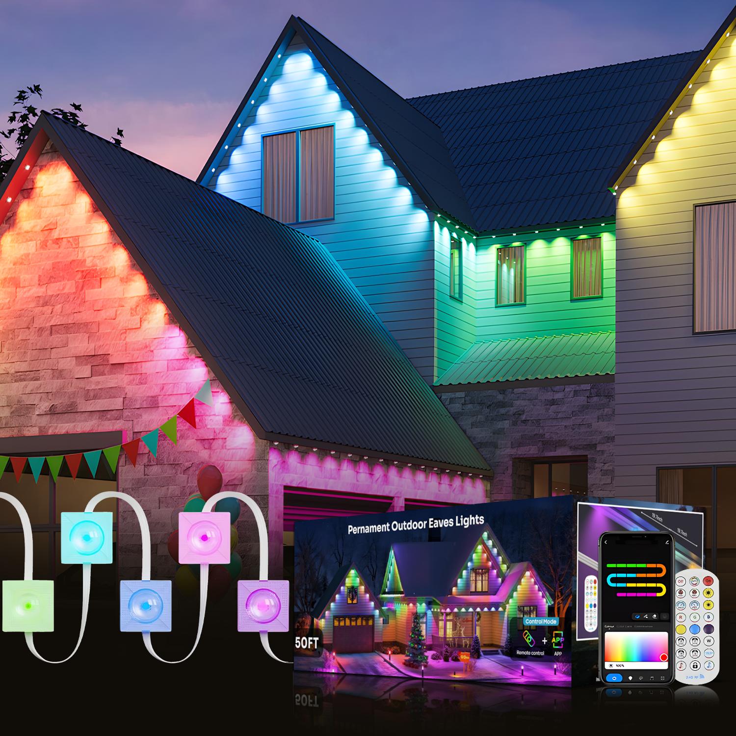 HYPERLITE Smart Outdoor Eaves Lights RGB IC Color Changing IP68 Waterproof LED Strip with App and Remote Control Roof Lighting Dimmable Energy Saving Timer Mode Music Sync Adjustable Brightness for DIY Home Decor SpringGlowUp
