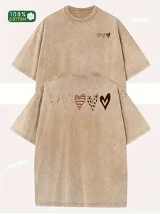 Women'S Heavyweight 100% Washed Retro Loose Soft Distressed Texture | Coffee Brown Beige Casual Drop Shoulder Street Style Top, Round Neck Short Sleeve, All-Season Daily Wear, Machine Washable Urban Style Shirt, Loose Geometric Print