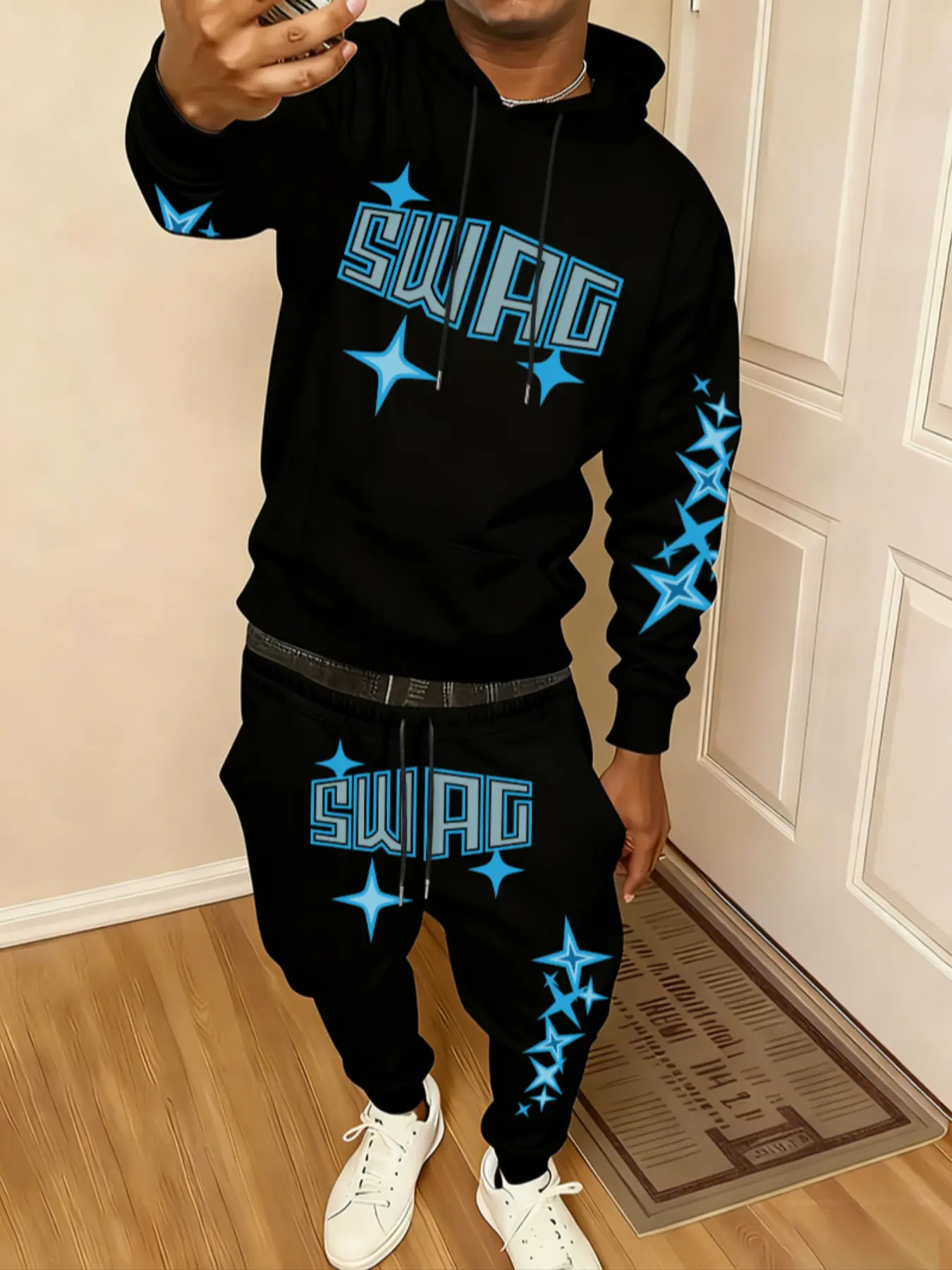 Men's Spring Fall Trendy Fashion Print Hoodie Set, Eye-Catching Blue Block, Street Style Loose Fit Comfortable Casual Wear